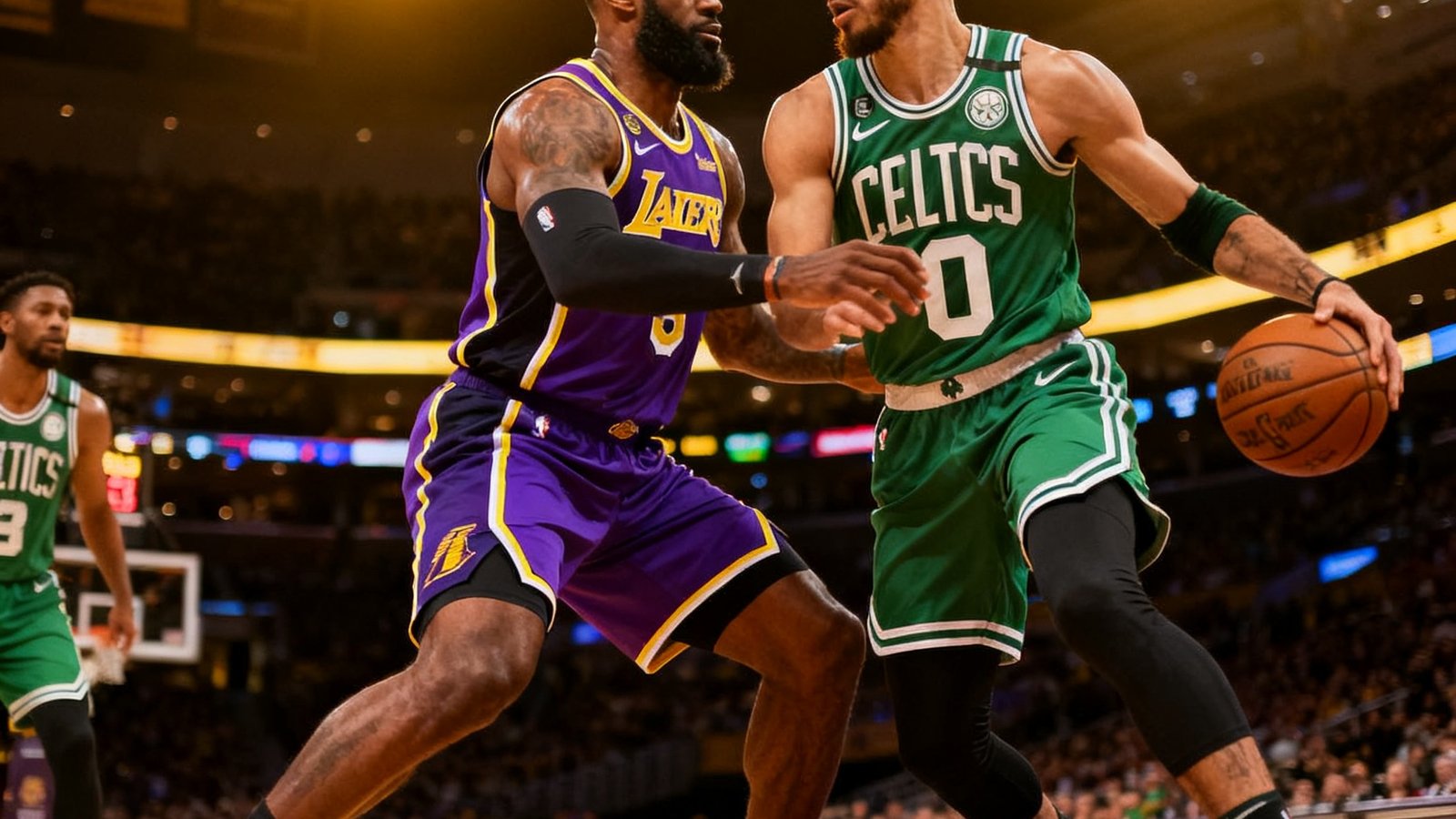 NBA洛杉矶湖人对阵波士顿凯尔特人的高清直播画面，紫金战袍与绿衫军在球场上展开对决，现场灯光璀璨